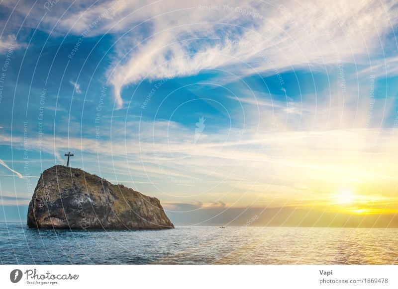 Sunset on the beach with sea, rocks and dramatic sky Vacation & Travel Tourism Trip Adventure Summer Summer vacation Beach Ocean Island Waves Nature Landscape