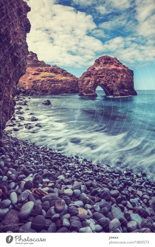 collector Landscape Sky Clouds Beautiful weather Rock Waves Coast Ocean Stone Gigantic Large Blue Brown White Bizarre Nature Vacation & Travel Colour photo