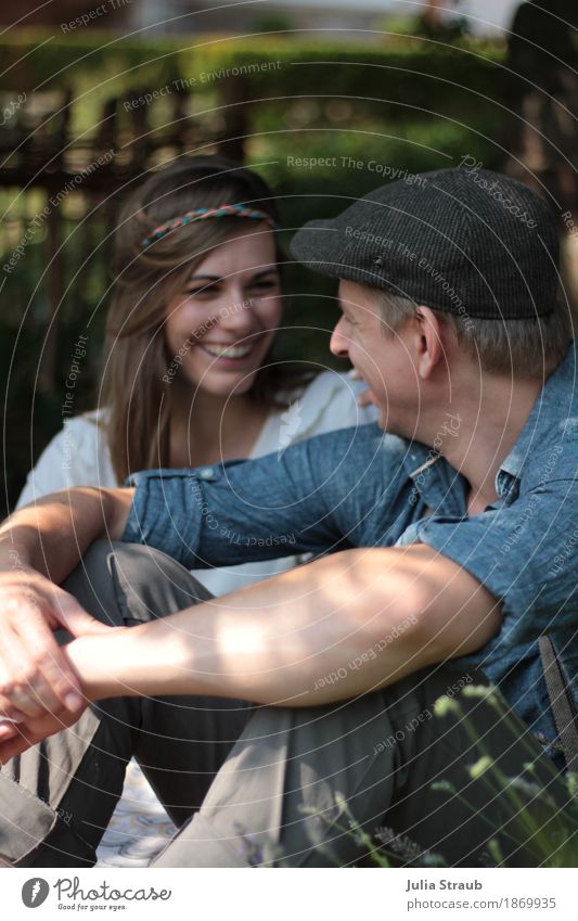 summer day Masculine Feminine Couple Partner Adults 2 Human being 30 - 45 years Summer Beautiful weather Garden Shirt Hat Cap Brunette Long-haired Smiling