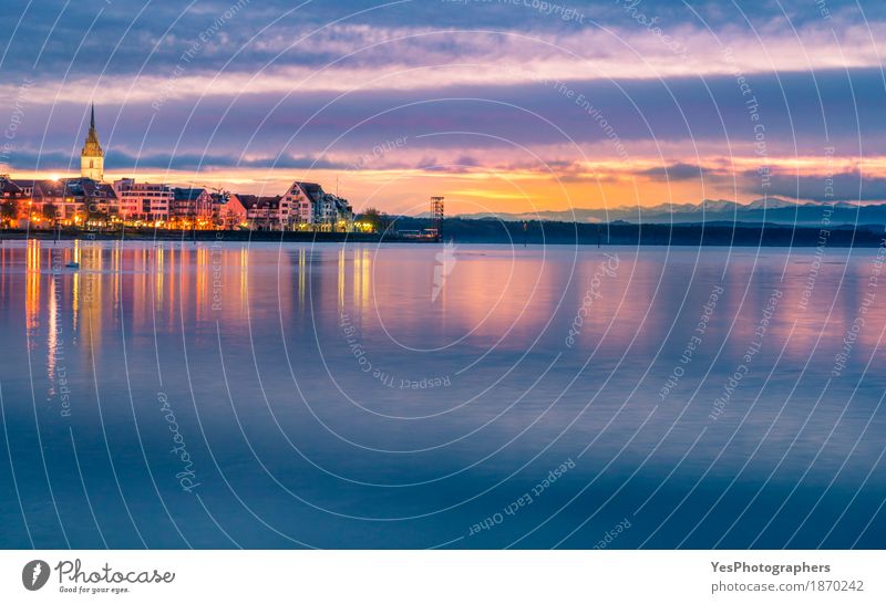 Bodensee lake in the sunrise colors Vacation & Travel Summer Landscape Sky Night sky Horizon Sunrise Sunset Coast Lake Town Dream Blue Orange Turquoise