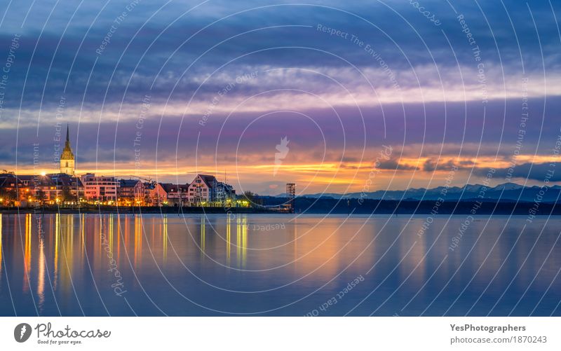 Sunrise over a town and a lake Vacation & Travel Summer Nature Landscape Sky Horizon Sunset Coast Lake Town Skyline Dream Blue Inspiration Bodensee Germany calm