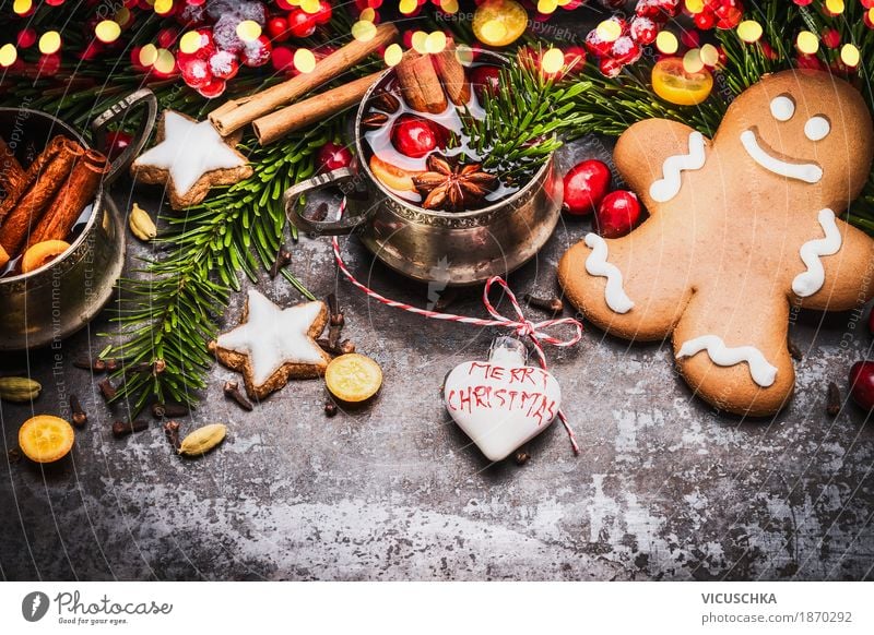 Gingerbread man with mulled wine, Christmas decoration and cookies Dough Baked goods Candy Beverage Mulled wine Cup Style Design Winter Living or residing