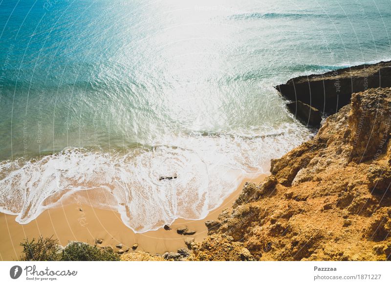 beachhead Nature Summer Beautiful weather Rock Waves Coast Beach Bay Wild Blue Turquoise Atlantic Ocean Portugal Algarve Colour photo Exterior shot Deserted