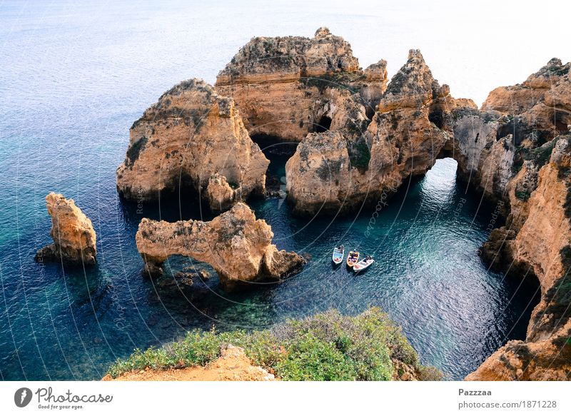 Algarve Tourism Compulsory Programme Nature Landscape Water Summer Beautiful weather Bushes Rock Coast Bay Reef Ocean Atlantic Ocean Maritime Rock formation