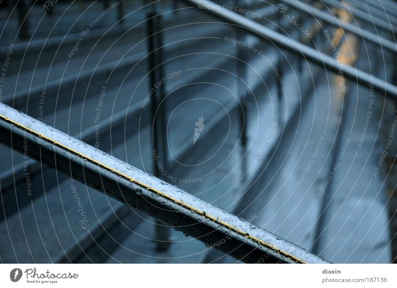 rainy night Bad weather Rain Town Deserted Stone Concrete Metal To hold on Cold Wet Blue Silver Stairs Banister Damp Night Colour photo Exterior shot