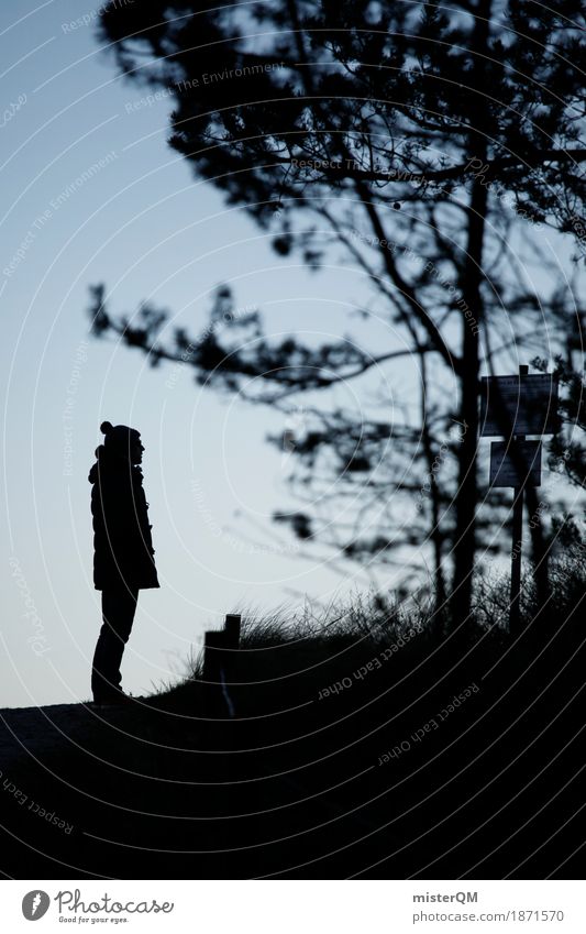 CLOSER Work of art Esthetic Human being Man Philanthropist Forest Signs and labeling Tree Stand To go for a walk Promenade Silhouette Blue sky Cap Future