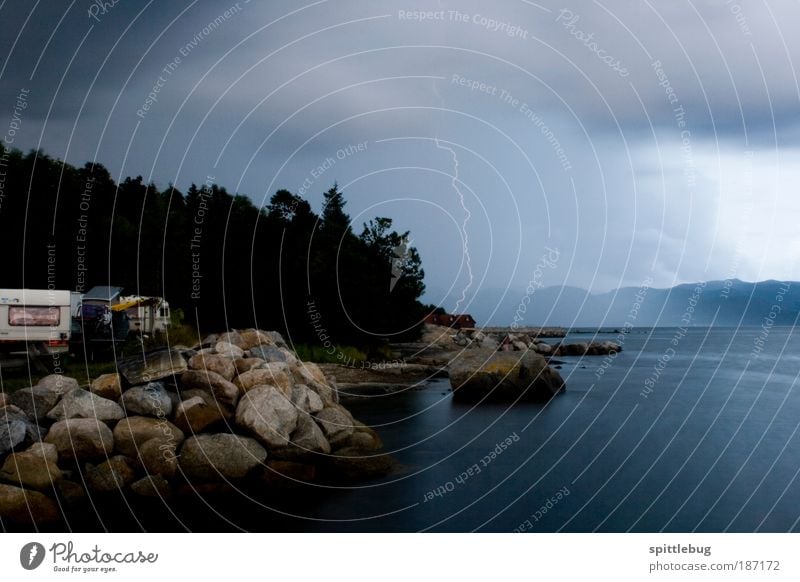 Lightning over Jorpeland Vacation & Travel Camping Mountain Nature Landscape Air Water Sky Clouds Storm clouds Rain Thunder and lightning Coast Fjord Threat