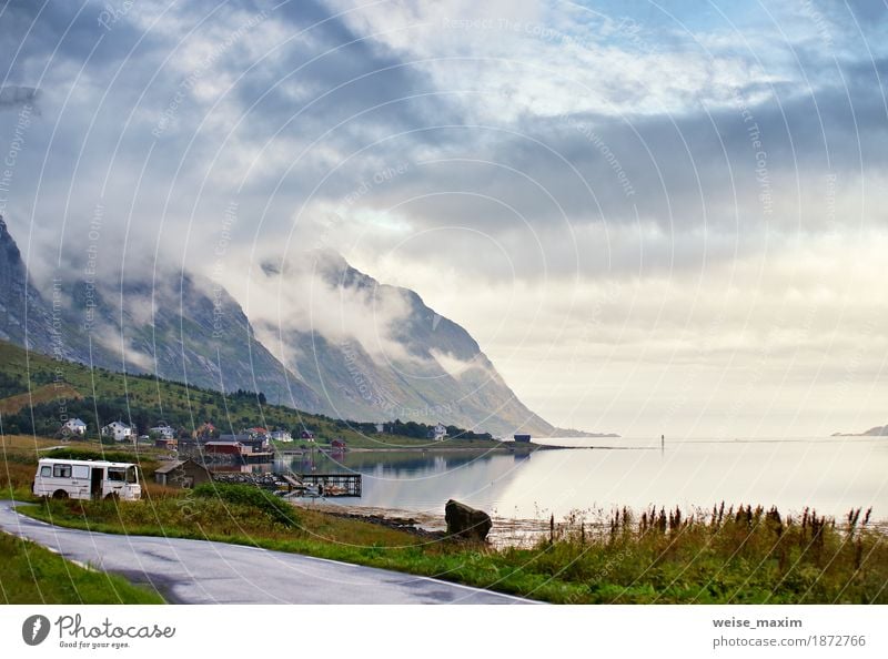 Norway villages in fjord on lofoten islands. Cloudy Nordic day Lifestyle Vacation & Travel Tourism Trip Adventure Freedom Summer Summer vacation Beach Ocean