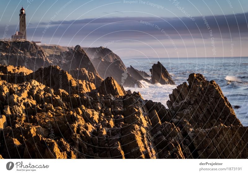 Sao Pedro de Moel lighthouse in Portugal in the evening Lighthouse Surf Rock Beach life Trip challenge Leisure and hobbies water loving on the coast Landscape