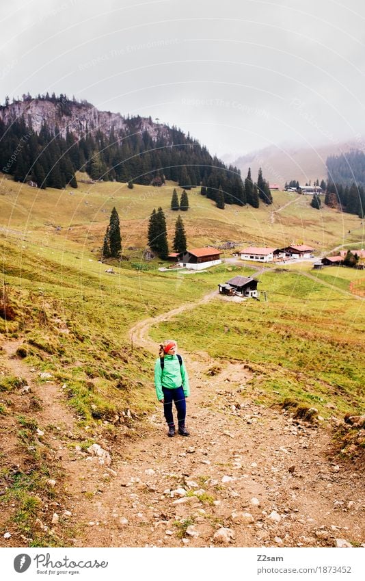 small! Mountain Hiking Sports Woman Adults Landscape Clouds Autumn Bad weather Fog Alps Going Small Natural Gloomy Serene Calm Loneliness Adventure Contentment