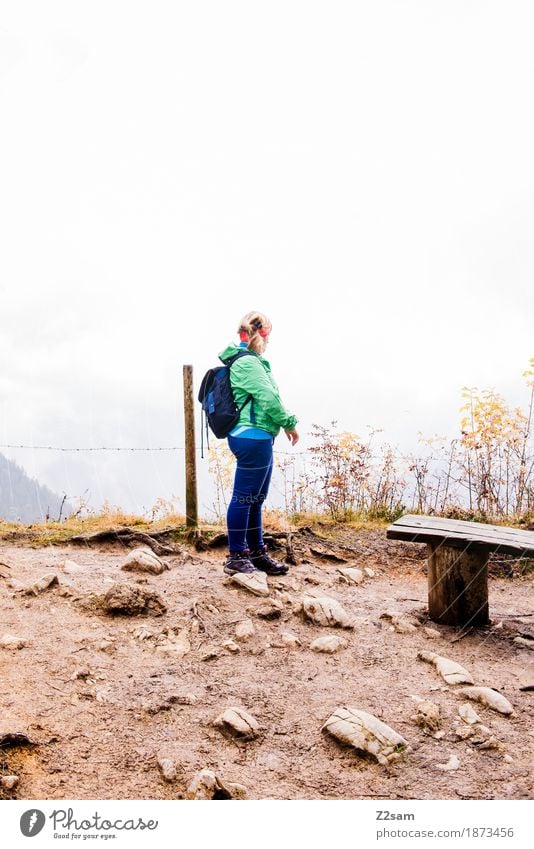 half Mountain Hiking Sports Woman Adults 30 - 45 years Landscape Clouds Autumn Bad weather Fog Alps Peak Backpack Headband Going Blonde Natural Gloomy Serene