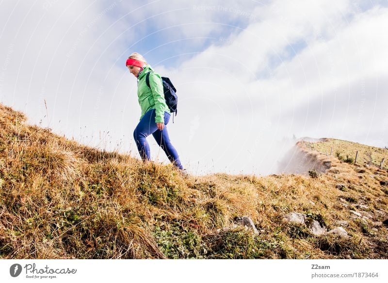 tightrope walk Adventure Mountain Hiking Sports Woman Adults 18 - 30 years Youth (Young adults) Nature Landscape Clouds Autumn Beautiful weather Fog Alps Peak