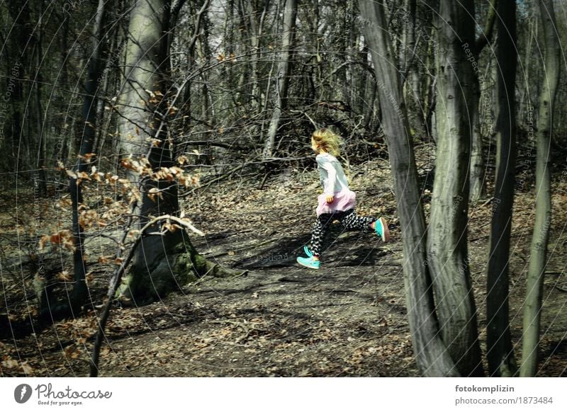 running little girl in grey bare forest Child Girl Infancy Children's game Walking 1 Free Human being Nature Running Jogging Winter Forest Sports Movement