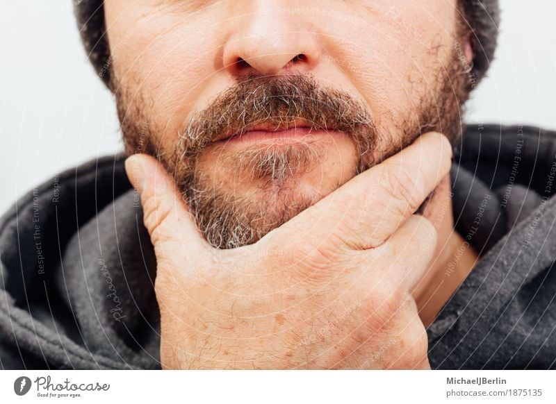 Man with beard, contemplative pose, anonymously trimmed Human being Masculine Adults Hand 1 30 - 45 years Idea Facial hair Meditative think Anonymous Posture