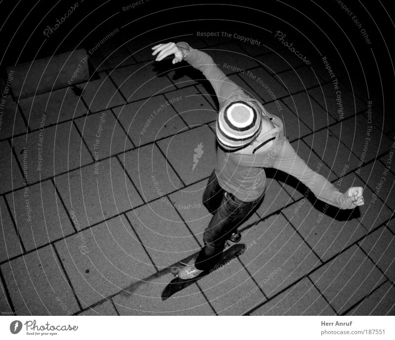 night flight Skateboard Feminine Young woman Youth (Young adults) 1 Human being Flying Gray Black White Black & white photo Night Flash photo Bird's-eye view