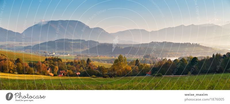 Slovakia autumn sunny morning panorama. Village in valley. Lifestyle Vacation & Travel Tourism Trip Freedom Summer Mountain Hiking House (Residential Structure)