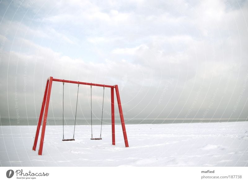 summer fun Playing Summer vacation Beach Ocean Winter Snow Sky Clouds Horizon Ice Frost Baltic Sea Gray Red White Colour photo Exterior shot Deserted