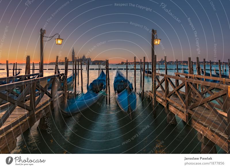 Long exposure Gondolas in Venice Beautiful Vacation & Travel Tourism Ocean Art Sky Church Building Architecture Street Watercraft Old Historic Retro Blue Italy