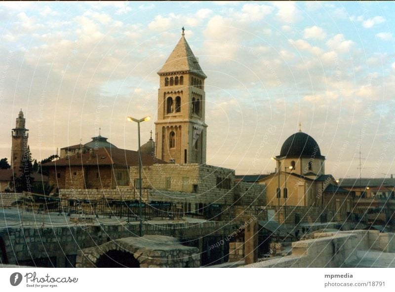 Roofs of Jerusalem West Jerusalem Israel Sunset Evening East Jerusalem Church Mosque Church spire Exterior shot Deserted Twilight