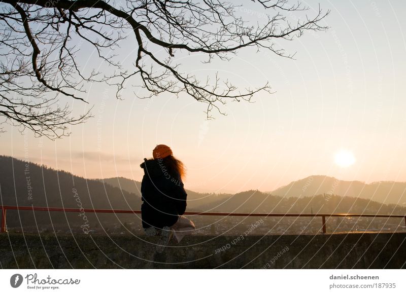 above the roofs of Freiburg Human being Feminine Young woman Youth (Young adults) Woman Adults 18 - 30 years Cloudless sky Beautiful weather Red-haired Observe