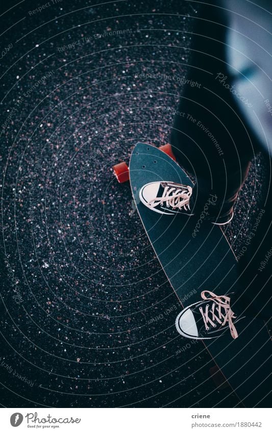 Close-up of man standing on his longboard on concrete Lifestyle Style Joy Leisure and hobbies Sports Young man Youth (Young adults) Transport Pedestrian Street