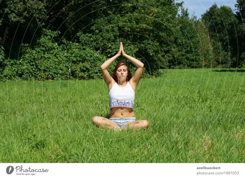 Yoga on the meadow Lifestyle Wellness Harmonious Well-being Relaxation Calm Meditation Leisure and hobbies Summer Sports Human being Feminine Young woman