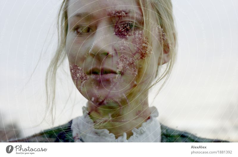 Double exposure portrait of a young woman, with flowers and branches in half-transparency Exotic pretty Face Young woman Youth (Young adults) 18 - 30 years