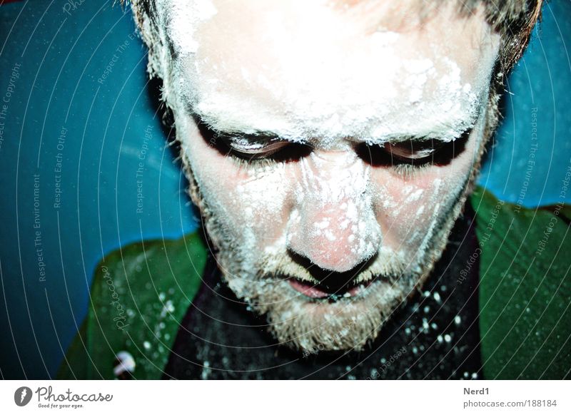 dusting Green Blue White Dust Powder Flash photo Portrait photograph Colour Depth of field Facial expression Adversity Dusty Earnest Young man Detail of face