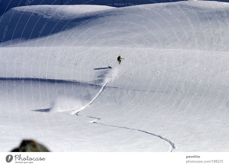 first line Snowboarding Winter sports Mountain Euphoria Colour photo Exterior shot Day Shadow Sunlight Snowboarder Curve Snow track Downward Deep snow Ski-run 1