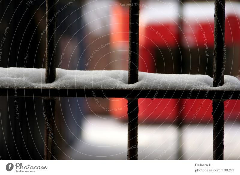 ice grid Ice Frost Snow Deserted Factory Building Window Metal Steel Rust Old Threat Strong Blue Brown Red White Loneliness Distress Grating Colour photo