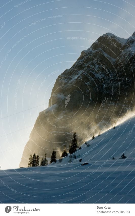 The gold of the mountains Landscape Sky Cloudless sky Winter Climate Weather Beautiful weather Wind Gale Ice Frost Snow To enjoy Mount Säntis Switzerland