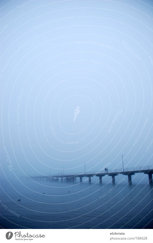 No end in sight Bad weather Fog Coast Baltic Sea Ocean Moody Footbridge Column Blue Sea of fog Timmendorf beach Colour photo Exterior shot Copy Space top