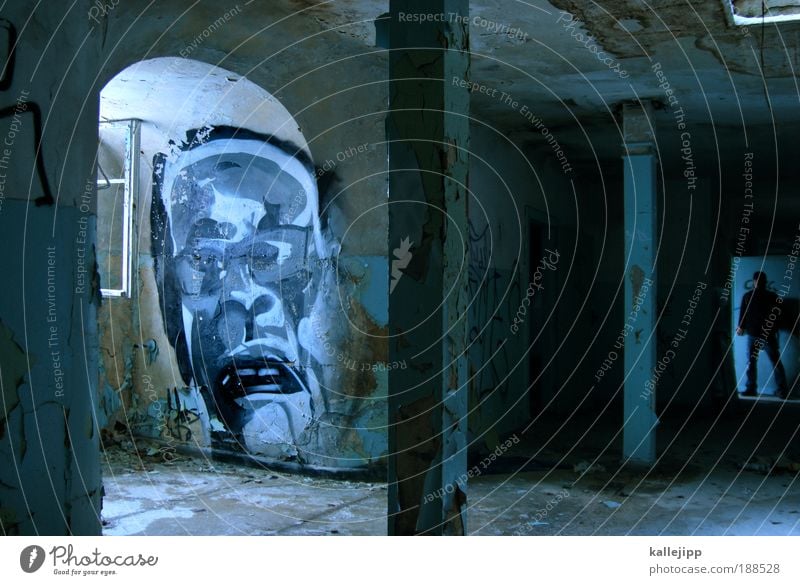 user meeting Human being Man Adults Head Face 2 Wall (barrier) Wall (building) Window Door Stand Graffiti Creepy Hallway Corridor Column Room Arch Colour photo