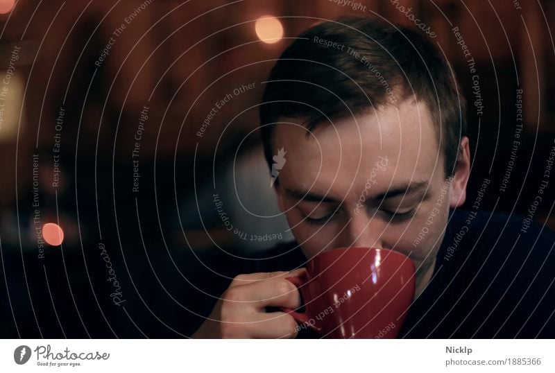 Young man drinking coffee from a red cup Drinking Hot drink Coffee Latte macchiato Tea Cup Mug Lifestyle Well-being Contentment Masculine Youth (Young adults)