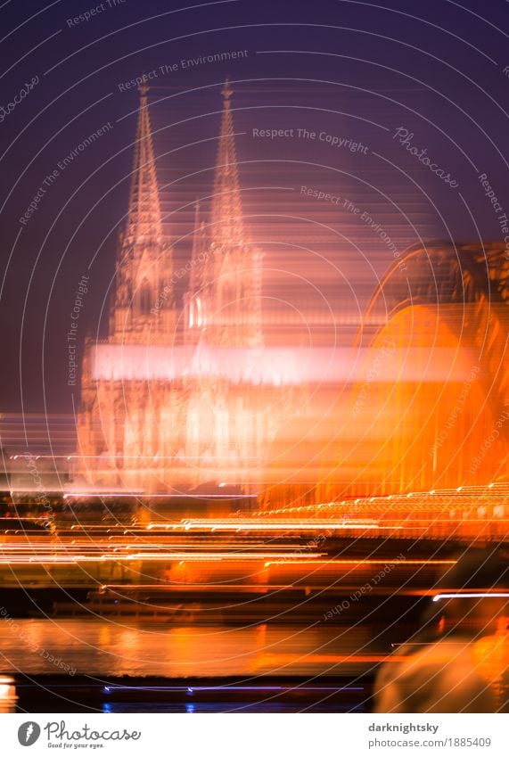 Long-term exposure of the Cologne Cathedral in the evening, blue sky. Hohenzollern bridge and Rhine Culture Landscape Town Capital city Port City Downtown