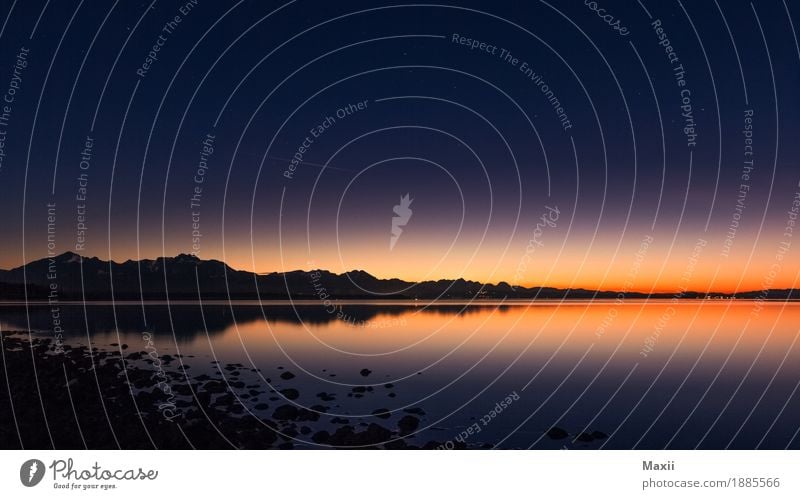 Chiemsee Night Environment Nature Landscape Water Sky Cloudless sky Night sky Sunrise Sunset Beautiful weather Mountain Peak Lakeside Lake Chiemsee Warmth Blue