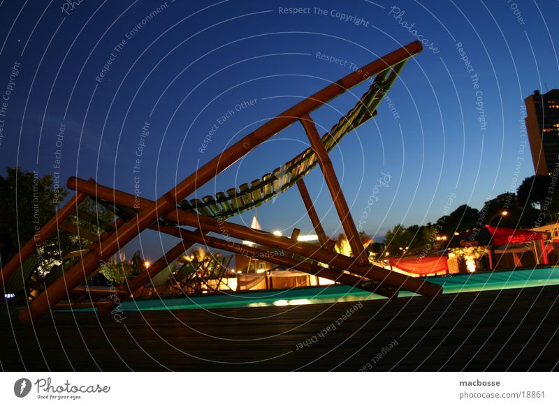 Teak-Chair at the pool in the NAcht Night Style Dark Light Swimming pool Wood Deserted House (Residential Structure) Long exposure Colour Foyer Blue Sky Moon