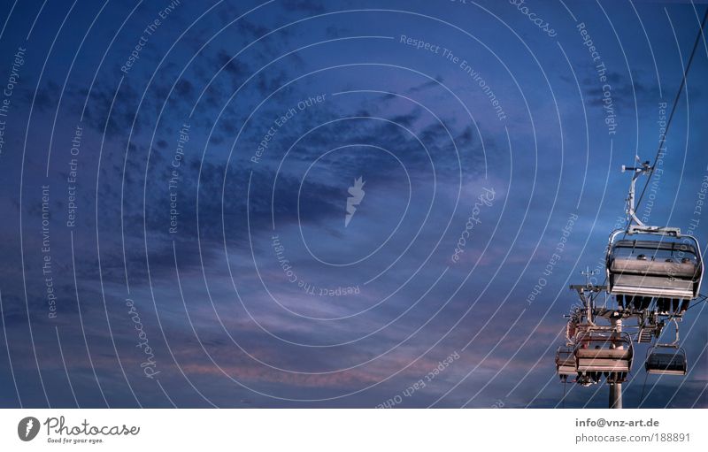 PickUp Environment Sky Winter Cold Blue Moody Colour photo Exterior shot Twilight Evening Dusk Ski lift Chair lift Upward Skier Copy Space top Copy Space bottom