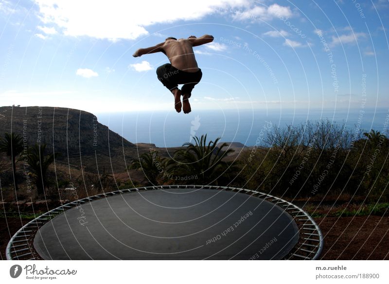 I put my foot in the air and she was carrying Joy Happy Freedom Summer Trampoline Human being Masculine Young man Youth (Young adults) Body Skin Feet 1 Air Sky