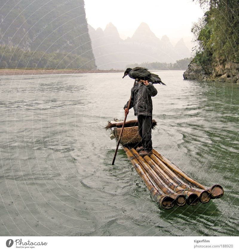 birdman of china Beautiful Fishing (Angle) Vacation & Travel Mountain Landscape Water Fog Rain Hill Peak Dinghy Watercraft Bird Carrying Fisherman Rafts