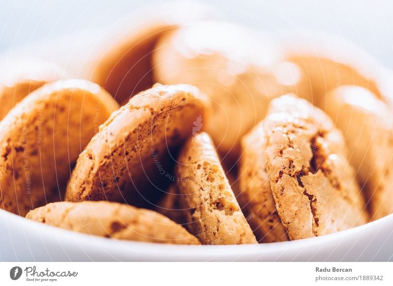 Italian Amaretti Biscuits In White Bowl Food Dessert Candy Nutrition Eating Breakfast Italian Food To feed Feeding Small Delicious Retro Round Sweet Brown