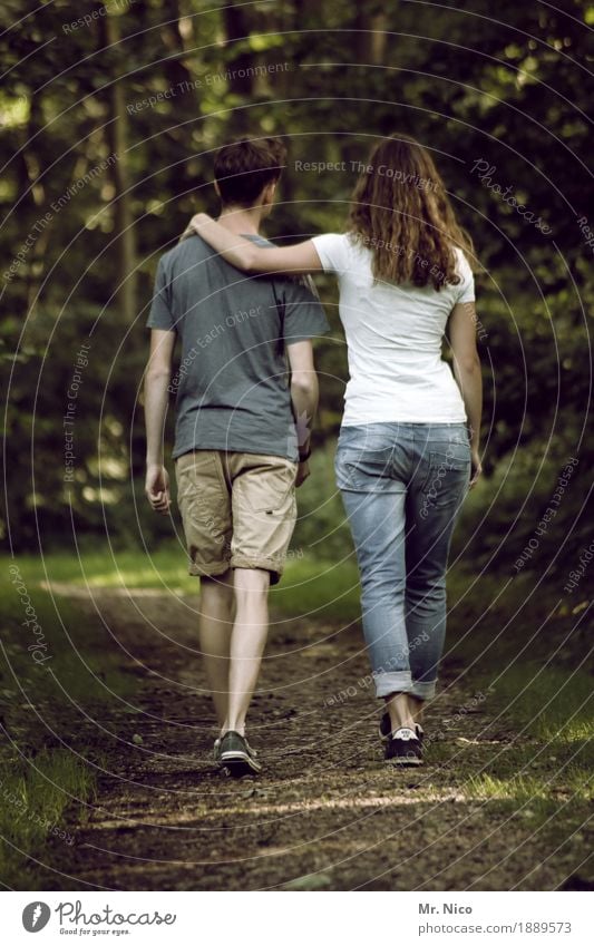 A common path Harmonious Contentment Calm Masculine Feminine Couple Partner 2 Human being Environment Nature Landscape Forest Lanes & trails Fashion T-shirt