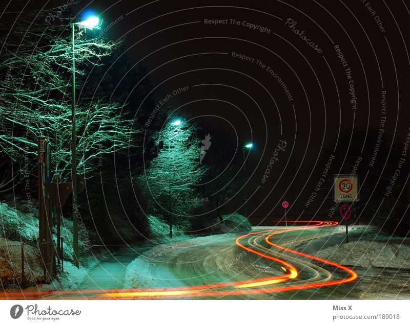 S-CURVE Night sky Winter Climate Weather Bad weather Ice Frost Snow Transport Traffic infrastructure Road traffic Motoring Street Crossroads Lanes & trails