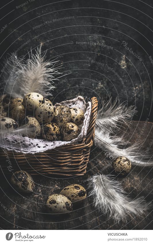 Quail eggs in basket on dark background Style Design Living or residing Table Easter Nature Tradition quail Nest Egg Easter egg nest Easter gift Dark Rustic