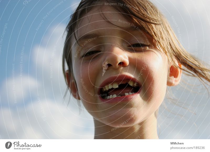 Incomplete Summer Child Schoolchild Girl Face Teeth 3 - 8 years Infancy Laughter Tooth space Milk teeth Grinning Loose tooth Shaky Colour photo Exterior shot