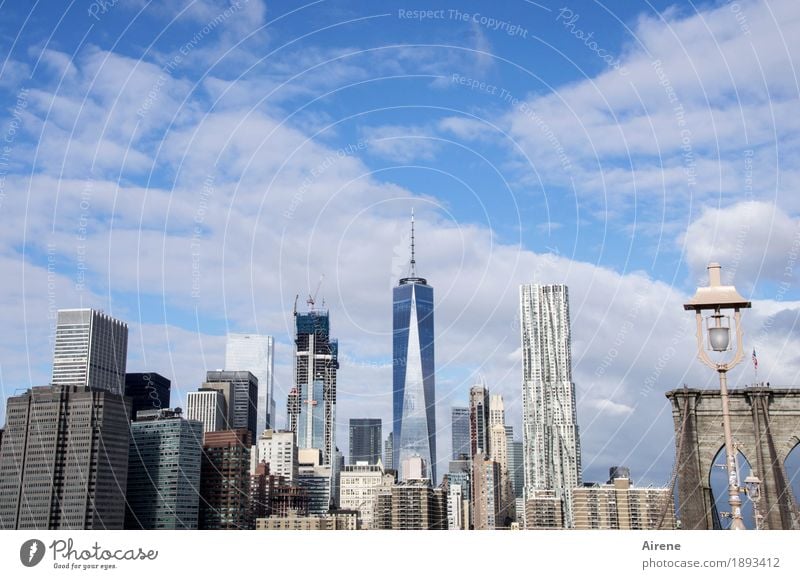 scratch the clouds Sky Clouds Beautiful weather New York City Downtown Skyline Deserted High-rise Bridge Facade Tourist Attraction Street lighting Concrete