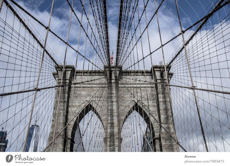 balancing act New York City Americas Bridge Suspension bridge Tourist Attraction Brooklyn Bridge Wire cable Stone Steel Line Network Blue Gray Symmetry Archway