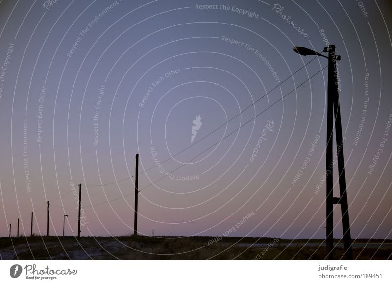 array Cable Landscape Energy power supply Light Lamp Electricity pylon Energy industry Evening Sunset Baltic Sea Coast Darss fishermen's beach Row Colour photo