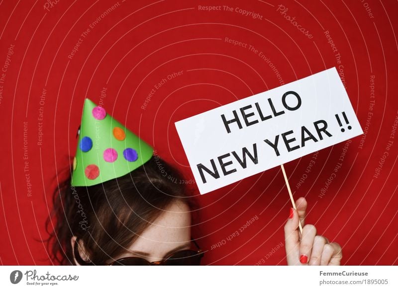 Happy new year! :-) Feminine 1 Human being Joy New Year's Eve New Year's Party Feasts & Celebrations Signs and labeling party hat Hat Home-made Paper Characters