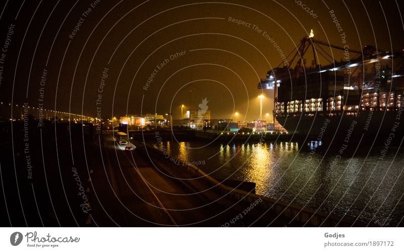 Container ship in the port of Hamburg at night Industry Capital city Port City Deserted Means of transport Traffic infrastructure Logistics Navigation